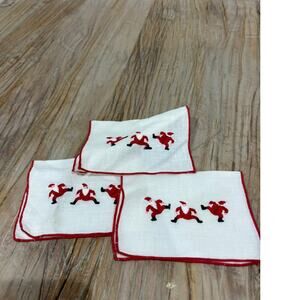 Vintage Cocktail Napkins Embroidered Dancing Red Santa on White Linen Set 3